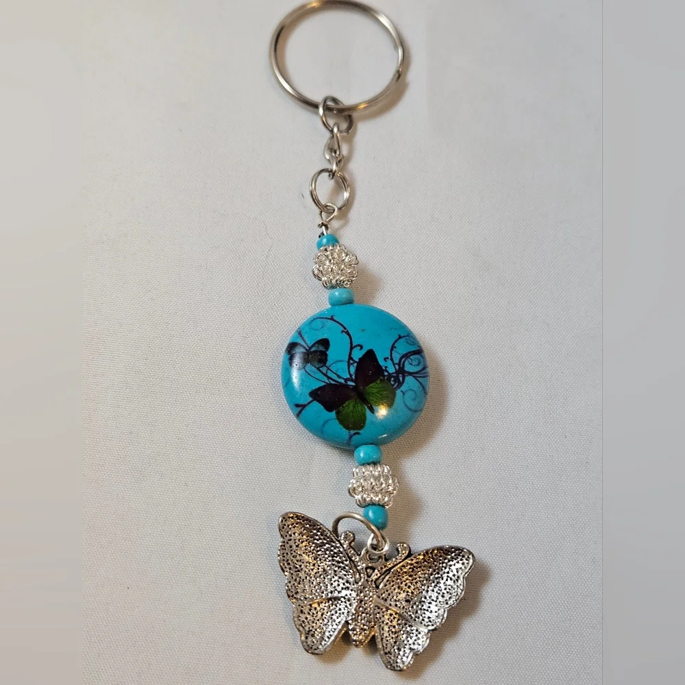 Handmade Turquoise Butterfly Silver Beaded Butterfly Charm, Keyring, Purse Charm